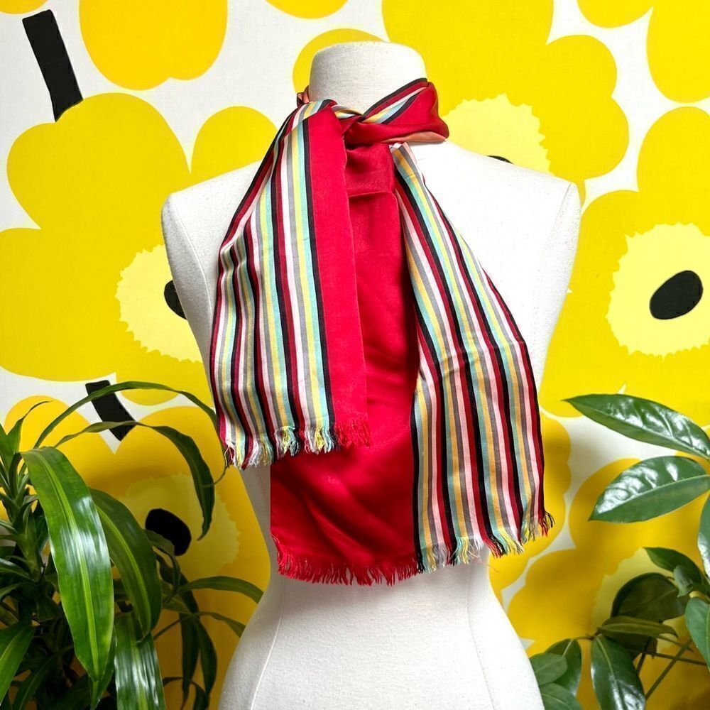 Vivid Vintage 1970s Rainbow Striped Raw Fringe Hem Neck Scarf